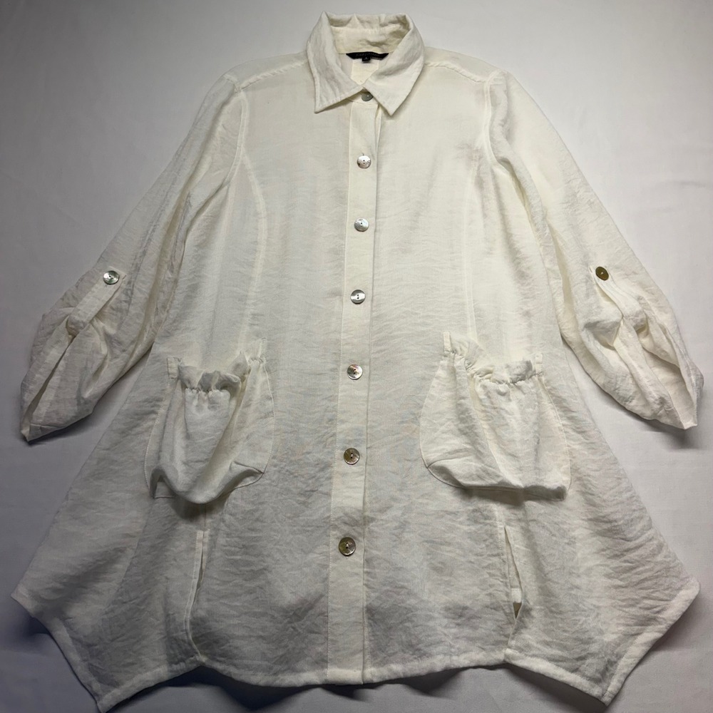 John Mark Womens S Ivory Lagenlook Tunic Top Button Front Ruched Sleeve Gauze